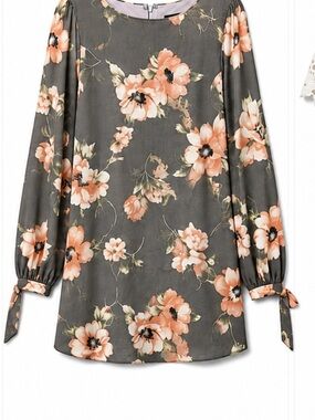 Everly Tie-Cuff Floral Long-Sleeve Tunic - Gray with Peach Floral
